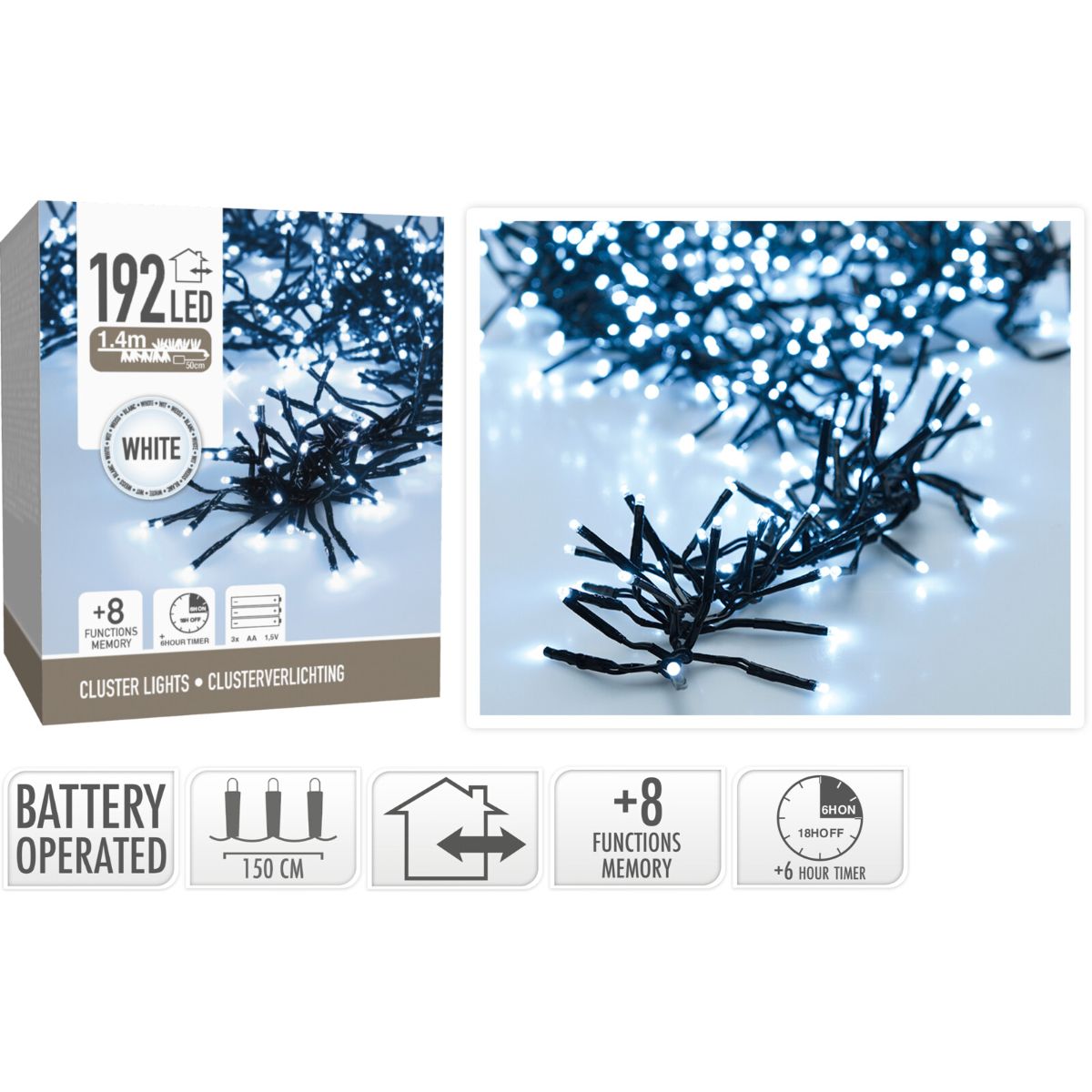 Clusterverlichting 192 Led -  1.4M - Wit - Batterij - Lichtfuncties - Geheugen - Timer